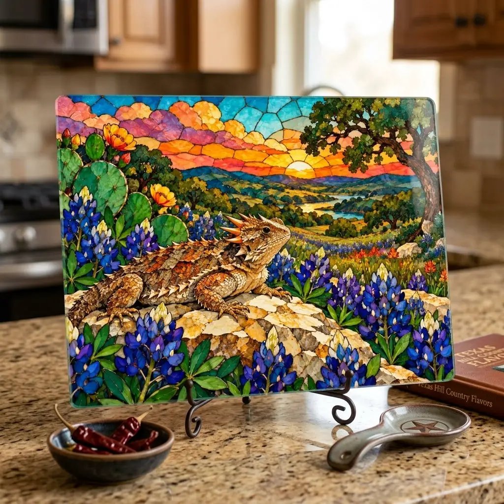 Texas Horned Lizard Glass Cutting Board, Bluebonnet Kitchen Decor, Texas Wildflower Cutting Board, Horny Toad Gift, Texas Housewarming Gift