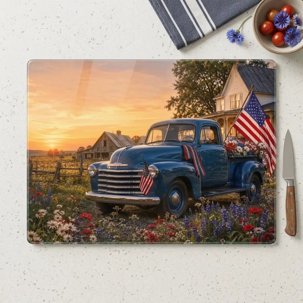 Blue Vintage Truck Glass Cutting Board, Patriotic Americana Farmhouse Kitchen Decor, Red White Blue Country Gift