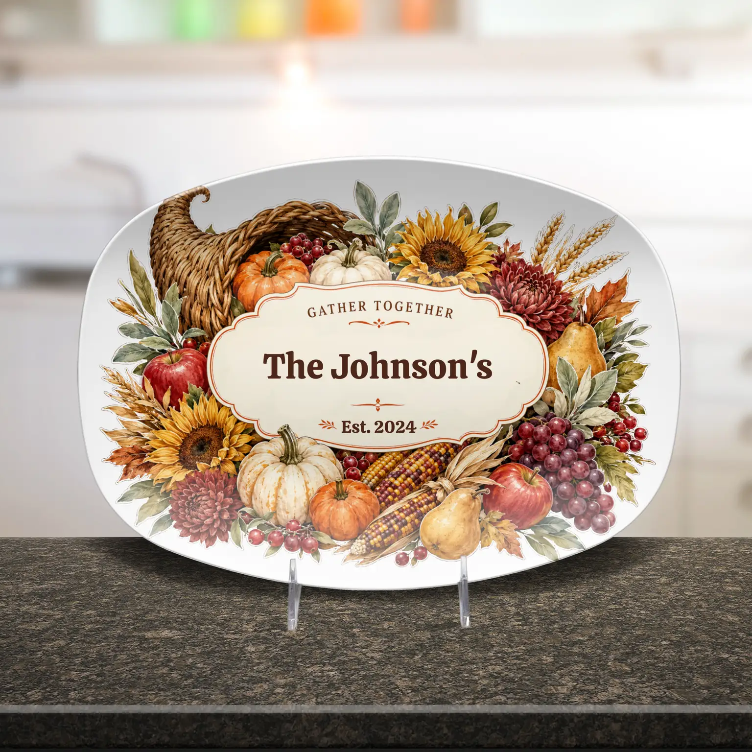 Personalized Fall Platter, Custom Family Name Serving Platter, Harvest Thanksgiving Tray, Autumn Hostess Gift, Housewarming Gift