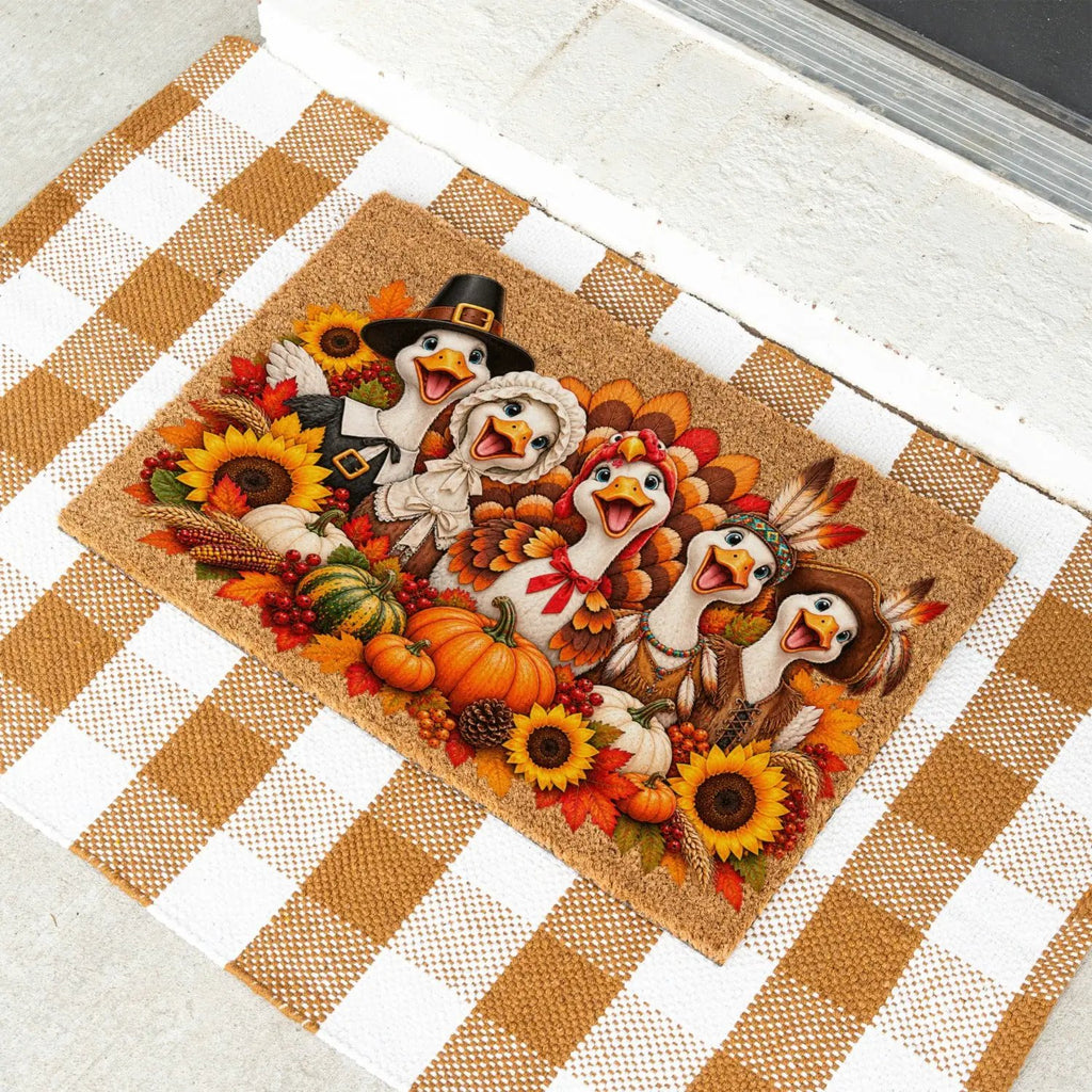 Thanksgiving Goose Doormat, Pilgrim Geese Welcome Mat, Funny Thanksgiving Porch Decor, Fall Coir Doormat, Harvest Front Door Mat