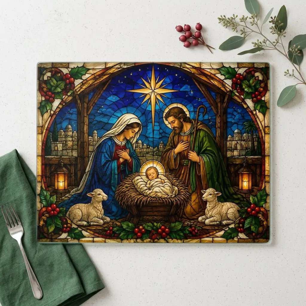 Nativity Glass Cutting Board, Christian Christmas Decor, Manger Scene Cutting Board, Religious Christmas Gift, Stained Glass Nativity