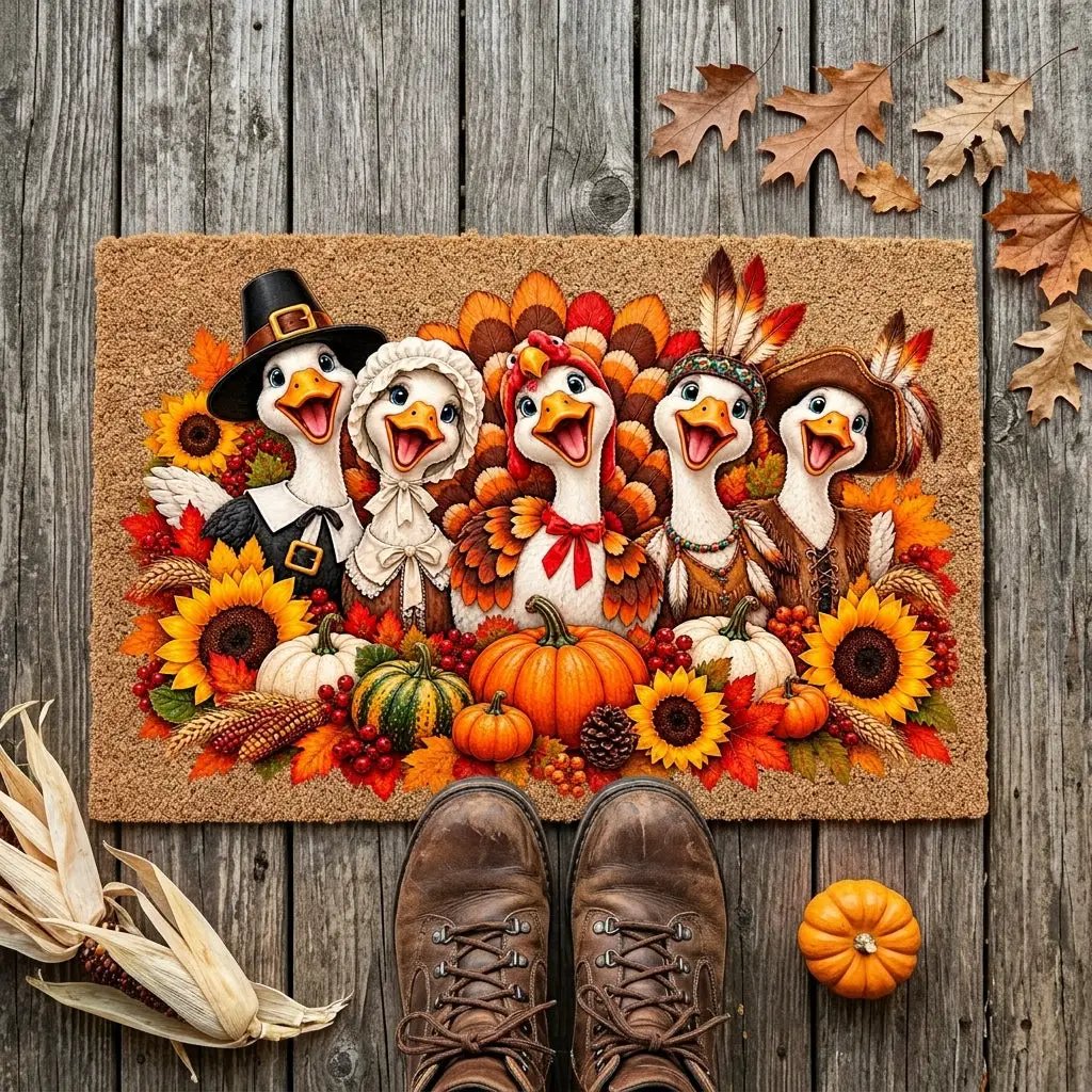 Thanksgiving Goose Doormat, Pilgrim Geese Welcome Mat, Funny Thanksgiving Porch Decor, Fall Coir Doormat, Harvest Front Door Mat