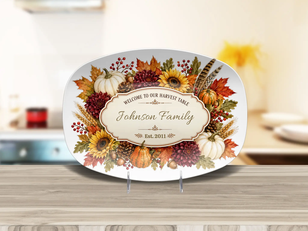 Personalized Thanksgiving Platter, Custom Family Name Harvest Serving Platter, Woodland Fall Decor, Pumpkin Sunflower Hostess Gift, 10x14