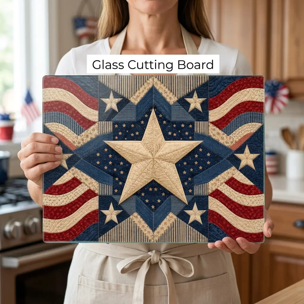 Patriotic Quilt Cutting Board, American Flag Glass Cutting Board, Americana Star Kitchen Decor, Quilter Gift, Red White Blue Decor