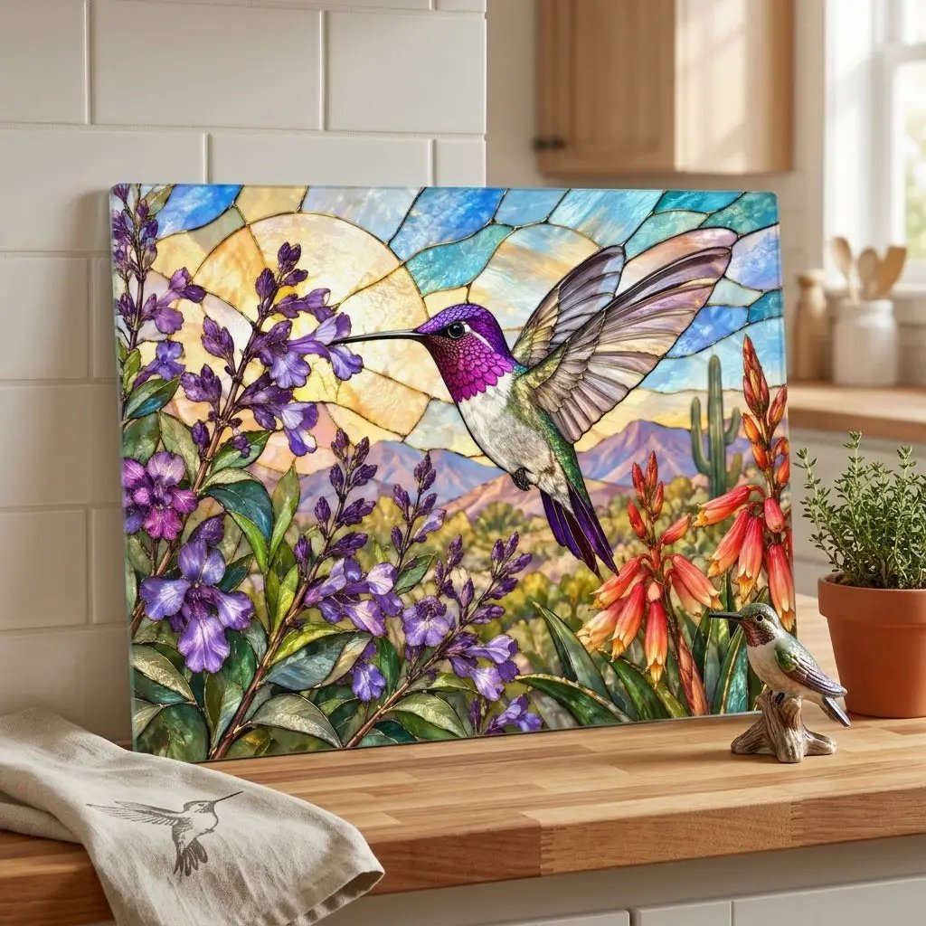 Hummingbird Cutting Board, Stained Glass Hummingbird Decor, Desert Wildflower Kitchen Decor, Bird Lover Gift, Southwest Decor
