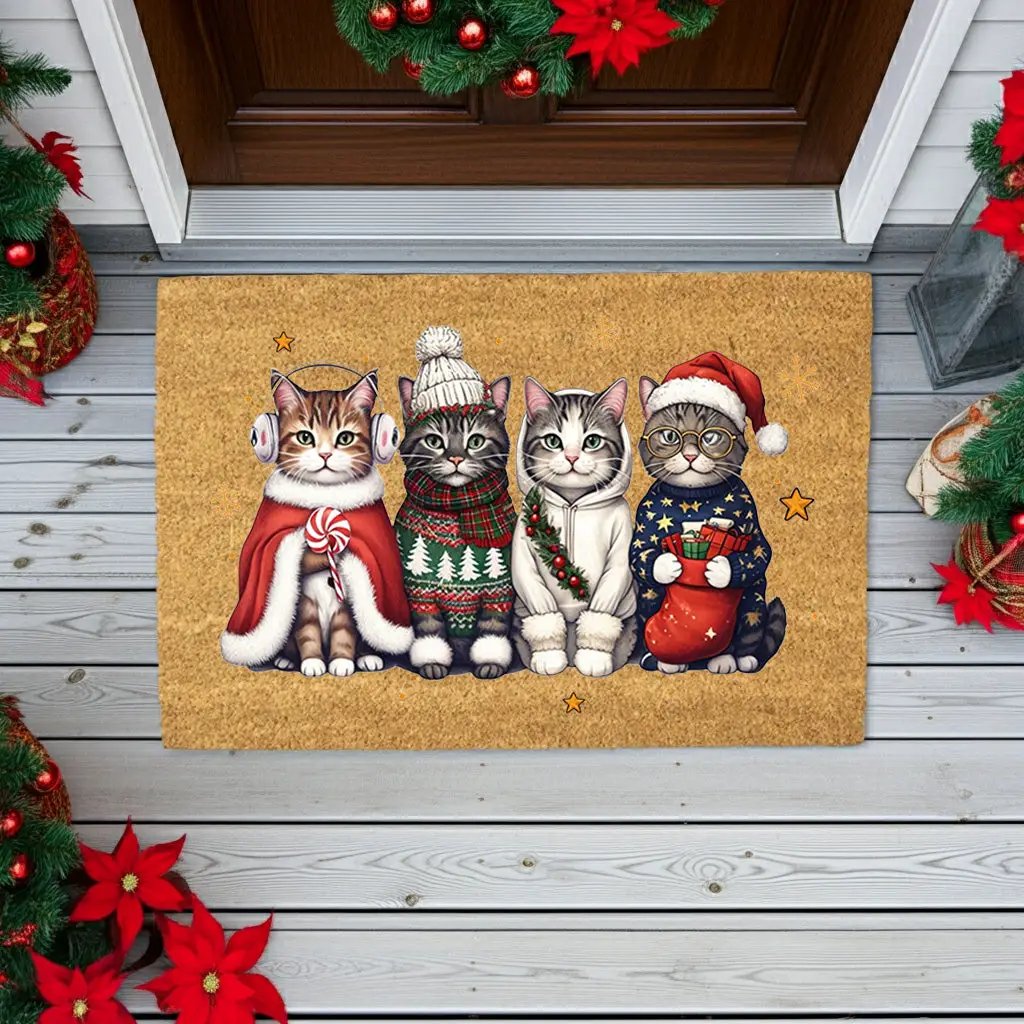 Christmas Cat Doormat, Funny Xmas Cats Coir Doormat, Cute Holiday Welcome Mat, Cat Lover Christmas Gift, Festive Front Porch Decor