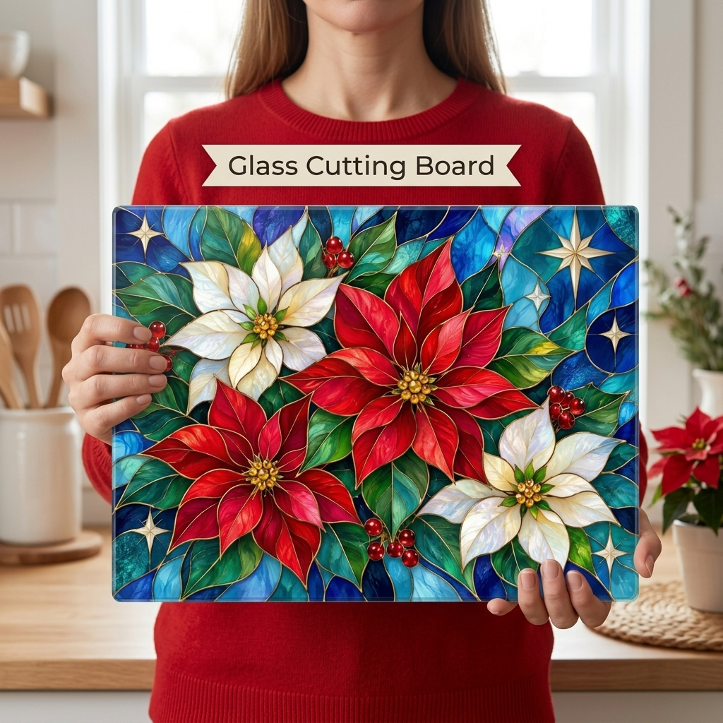 Christmas Poinsettia Glass Cutting Board, Stained Glass Floral Kitchen Decor, Holiday Serving Board, Festive Christmas Kitchen Gift