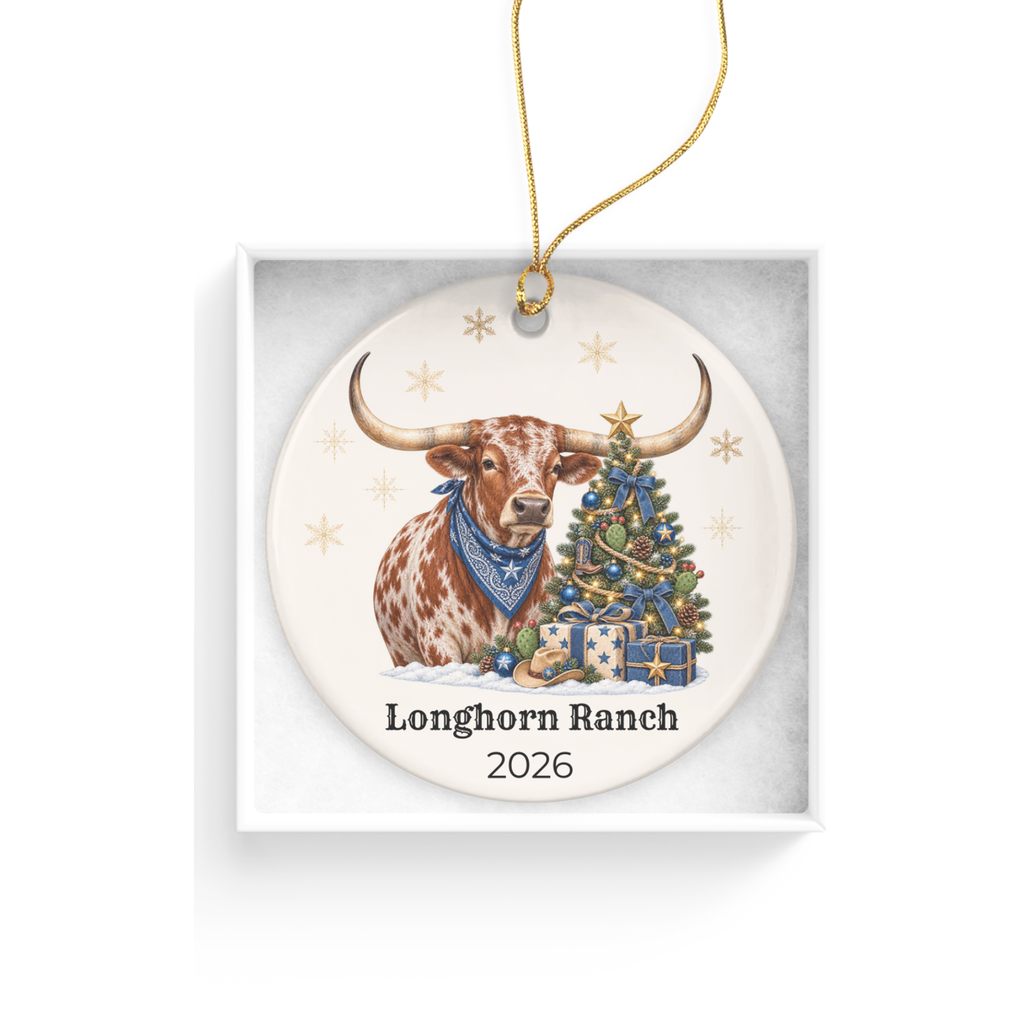 Personalized Longhorn Christmas Ornament, Western Cowboy Ceramic Ornament, Custom Name and Year