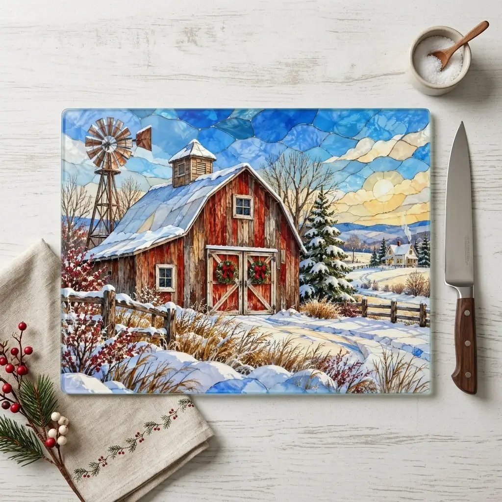 Winter Windmill Farm Glass Cutting Board, Red Barn Country Kitchen Decor, Rustic Farmhouse Christmas Gift