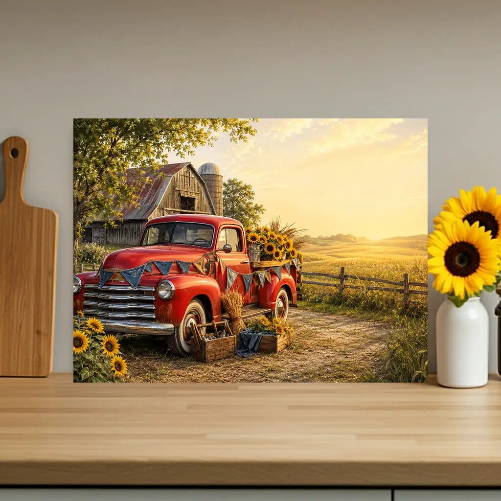 Red Vintage Truck Glass Cutting Board, Sunflower Farmhouse Kitchen Decor, Country Harvest Cutting Board, Rustic Farmhouse Gift