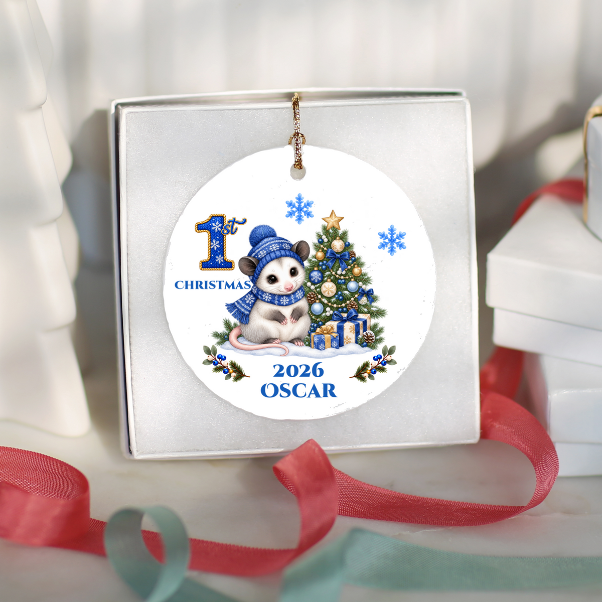 Opossum Baby Personalized Christmas Ornament, Baby's 1st 2nd 3rd Christmas, Custom Name Year Ceramic Keepsake, Boy Gift