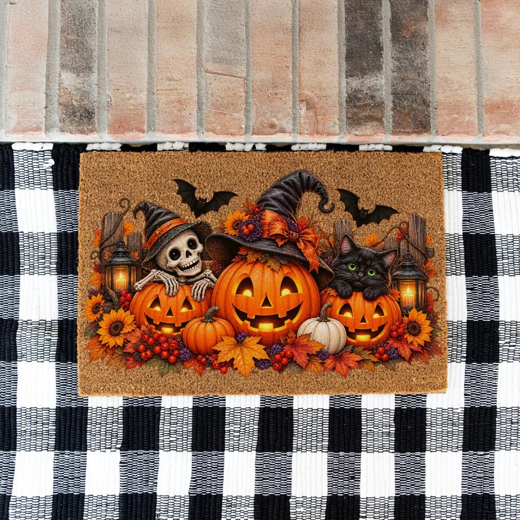 Halloween Doormat, Pumpkin Cat Skeleton Coir Mat, Spooky Fall Welcome Mat, Witch Pumpkin Door Mat, Halloween Porch Decor