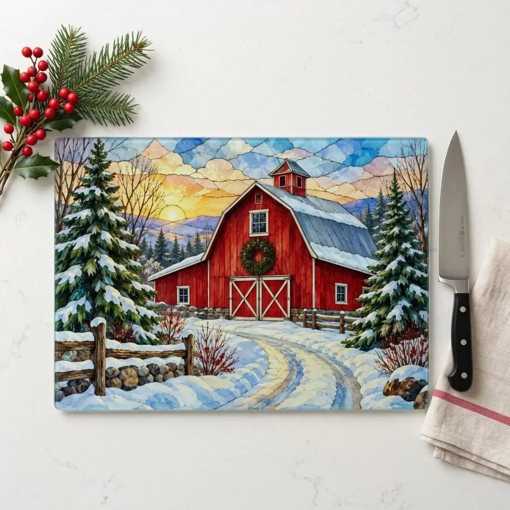 Winter Red Barn Glass Cutting Board, Snowy Country Road Farmhouse Kitchen Decor, Rustic Christmas Barn Gift