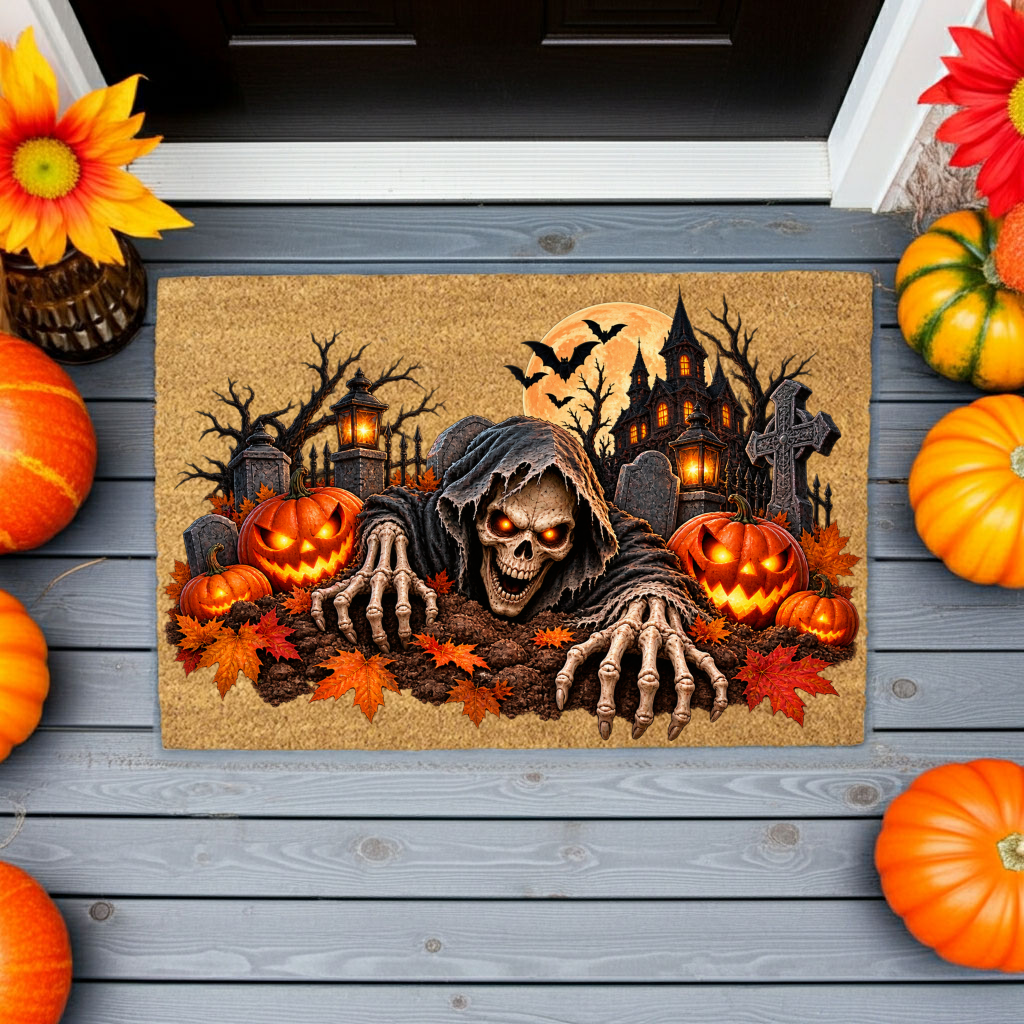 Creepy Skeleton Doormat, Grim Reaper Halloween Coir Mat, Scary Jack O Lantern Welcome Mat, Haunted House Spooky Porch Decor
