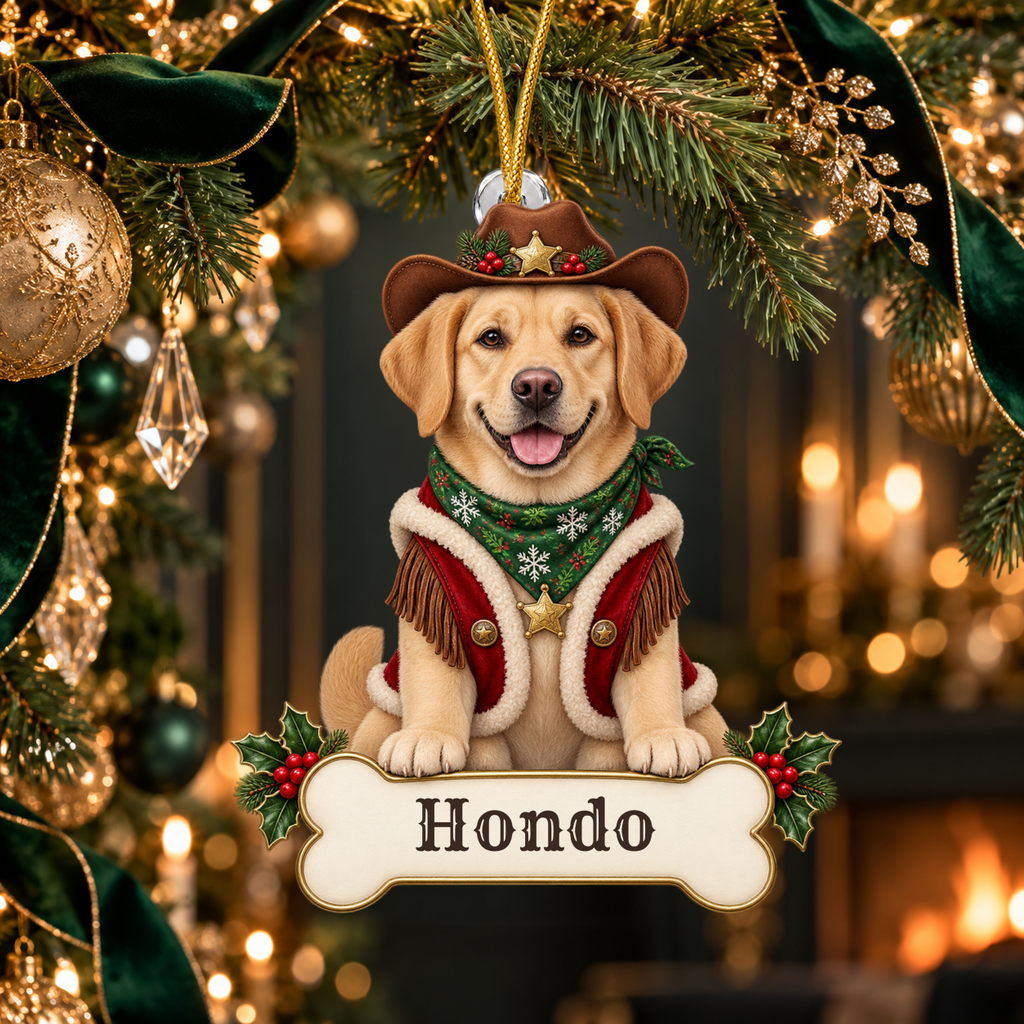 Personalized Cowboy Dog Christmas Ornament from Photo, Custom Pet Portrait Acrylic Cutout, Western Christmas Decor, Dog Lover Gift