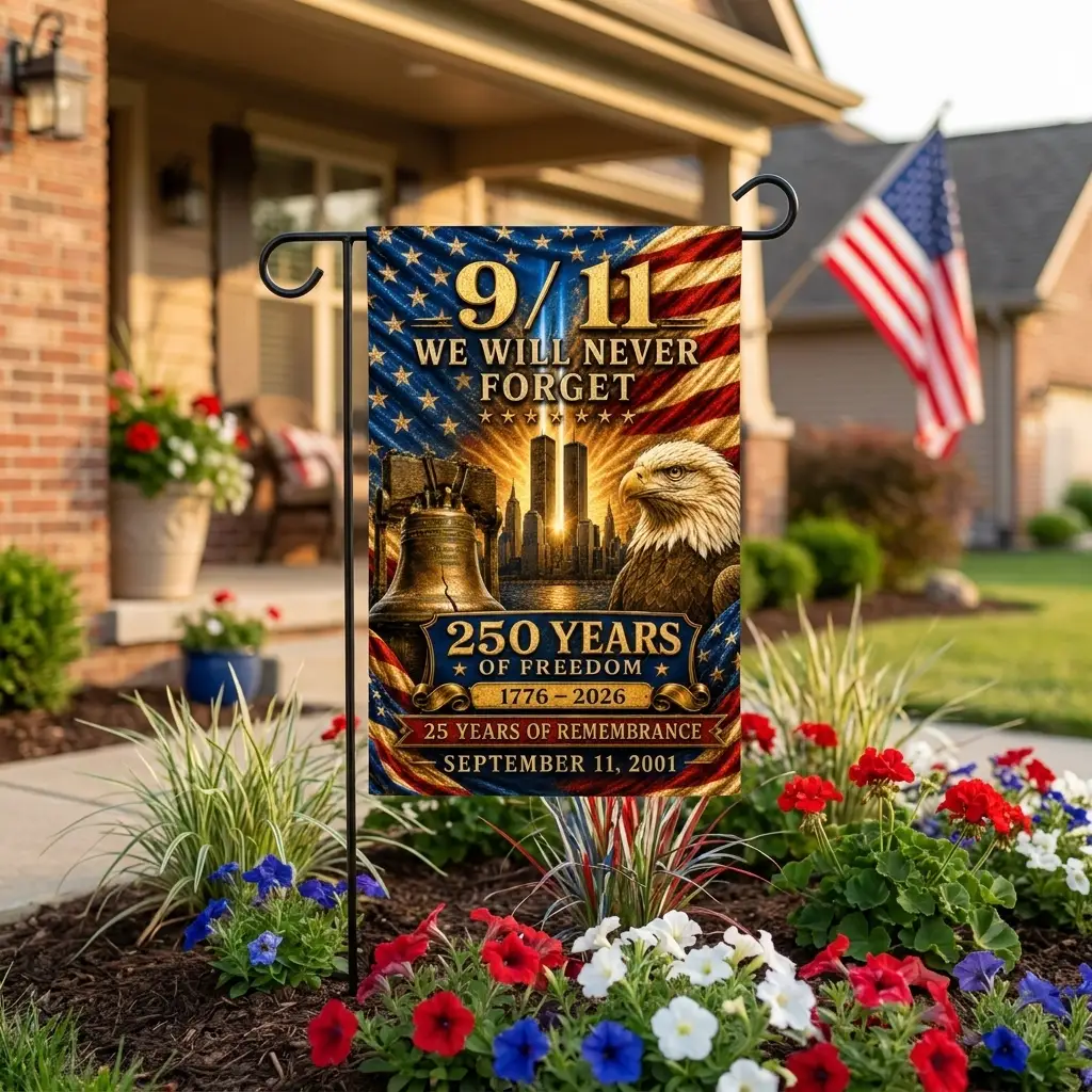 Never Forget 9/11 Double-sided Garden Flag, 250 Years of Freedom, 25 Years of Remembrance, September 11 Memorial, Patriotic Yard Decor