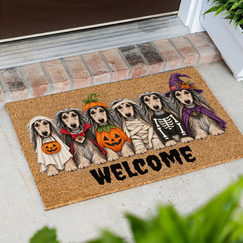 Dog Breed Personalized Halloween Costume Doormat, Custom Dog Welcome Mat, Halloween Coir Doormat, Family Name Dog Lover Gift