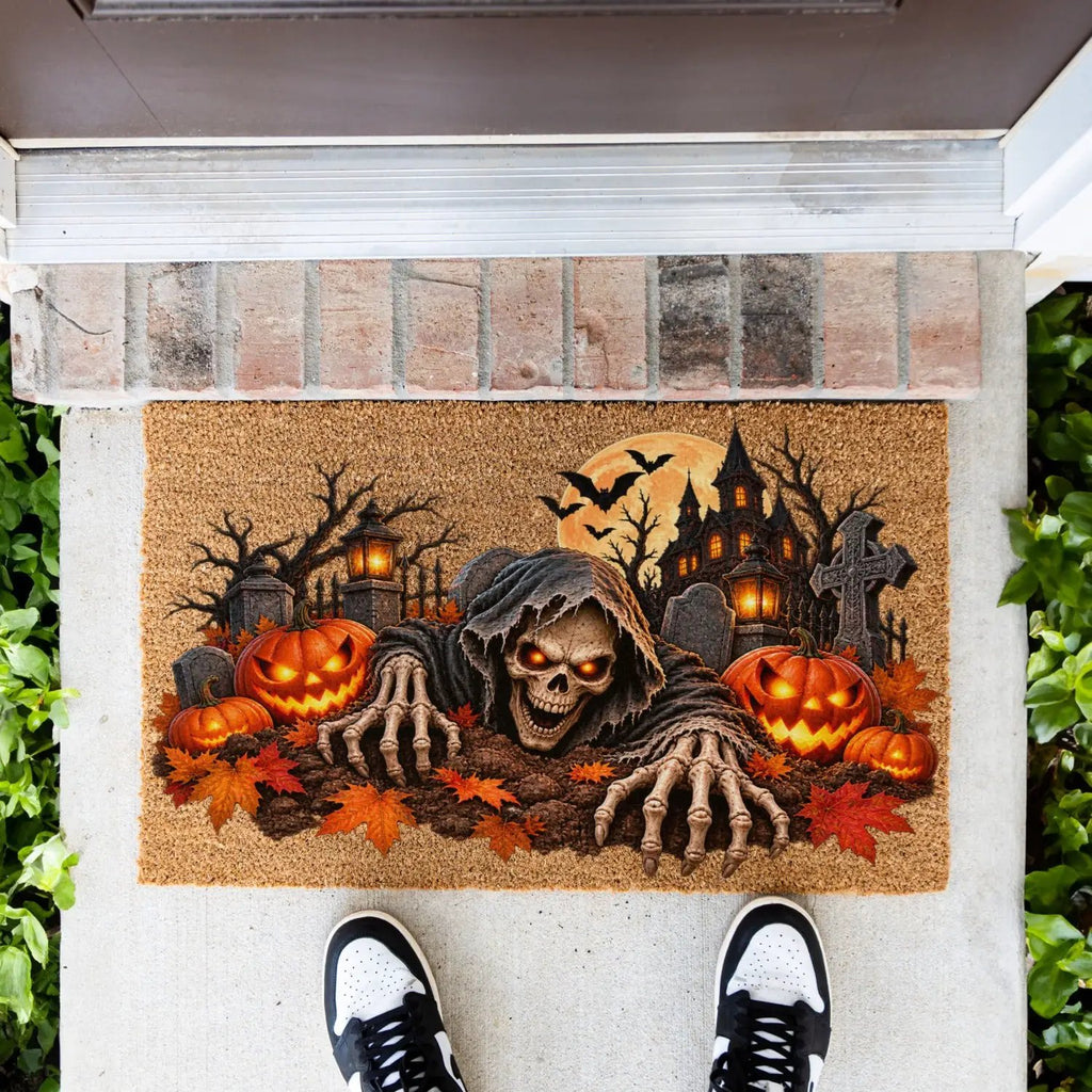 Creepy Skeleton Doormat, Grim Reaper Halloween Coir Mat, Scary Jack O Lantern Welcome Mat, Haunted House Spooky Porch Decor