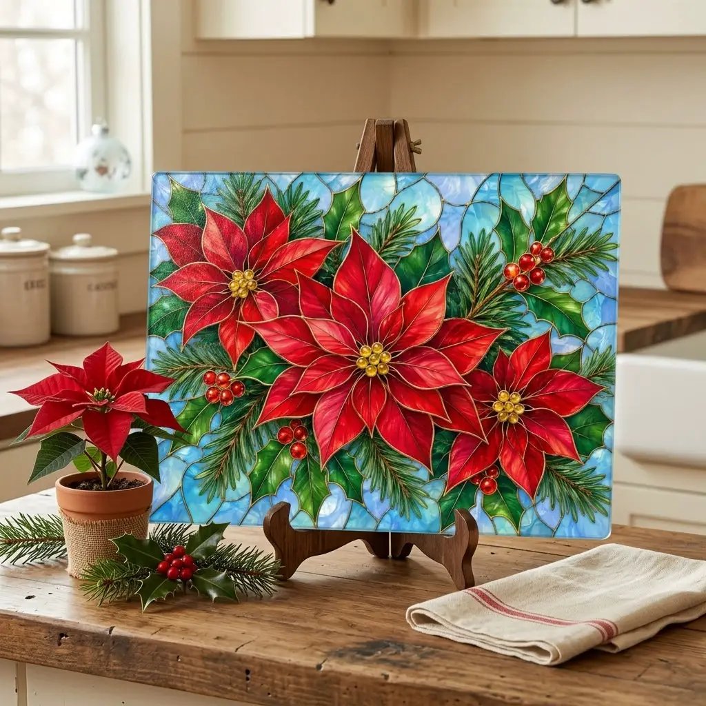 Christmas Poinsettia Glass Cutting Board, Evergreen Holiday Kitchen Decor, Red Floral Serving Board, Festive Winter Cooking Gift Idea