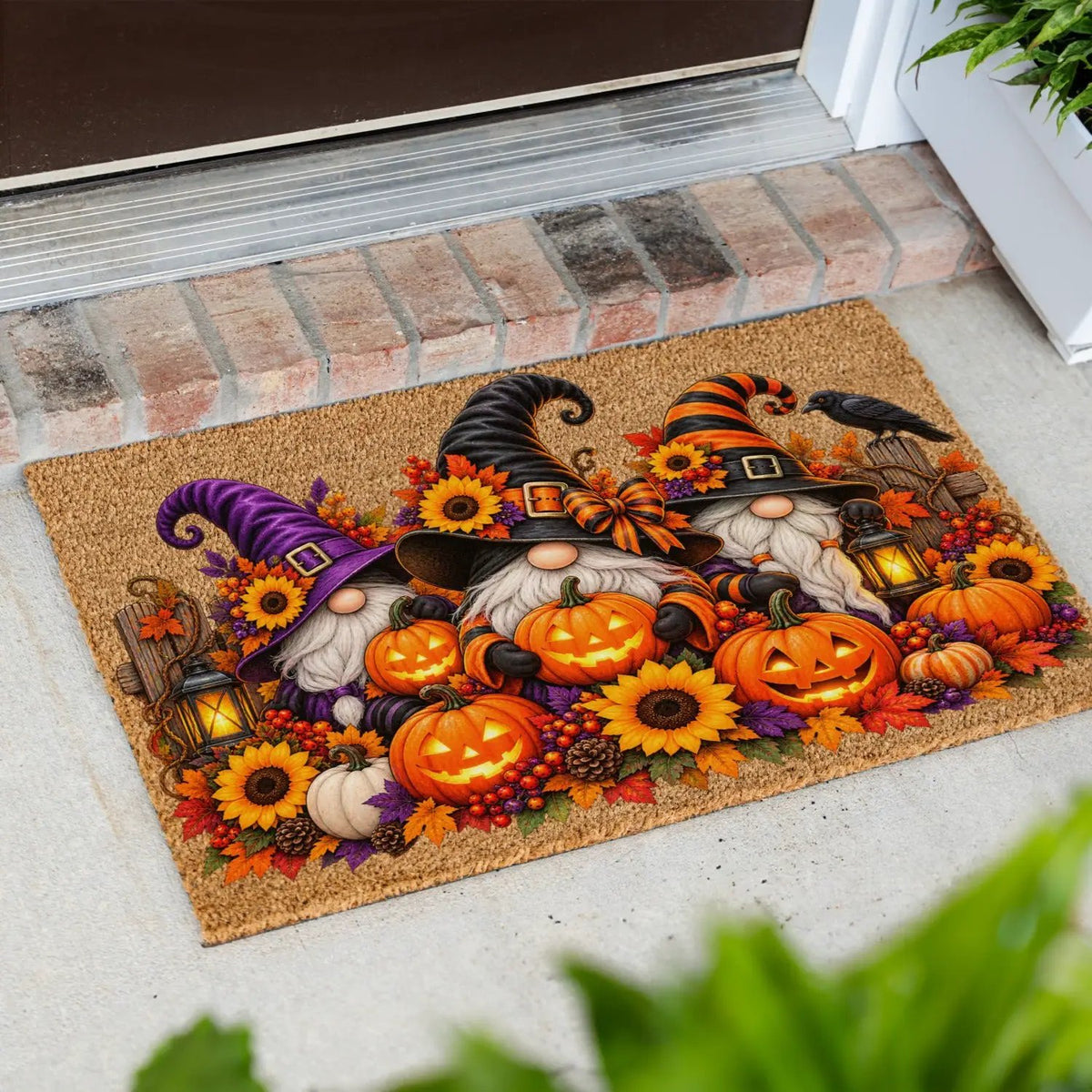 Halloween Gnome Doormat, Witch Gnomes & Pumpkins Coir Mat, Cute Spooky Fall Welcome Mat, Halloween Porch Decor, Autumn Door Mat