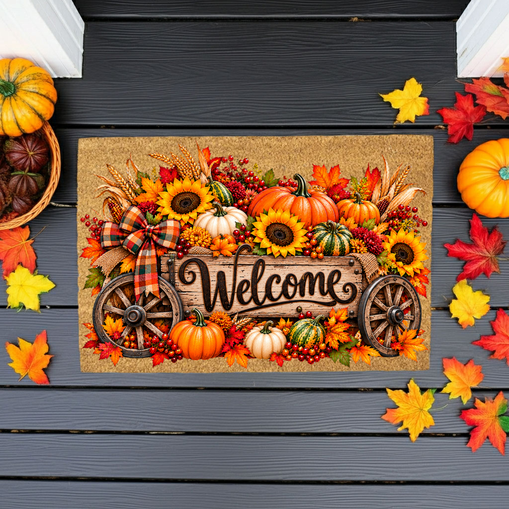 Harvest Wagon Welcome Doormat, Fall Coir Door Mat, Pumpkin Sunflower Welcome Mat, Autumn Farmhouse Porch Decor, Thanksgiving Doormat