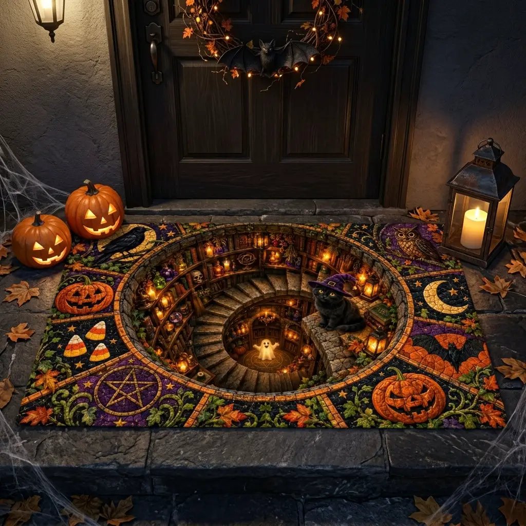 Black Cat 3D Halloween Doormat, Witchy Spiral Staircase Door Mat, Spooky Cat Welcome Mat, Pumpkin Halloween Porch Decor