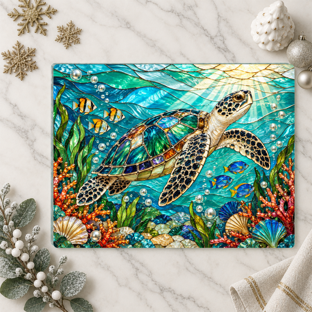 Sea Turtle Cutting Board, Ocean Kitchen Decor, Underwater Glass Chopping Board, Coastal Beach House Gift, Marine Life Kitchen Accent