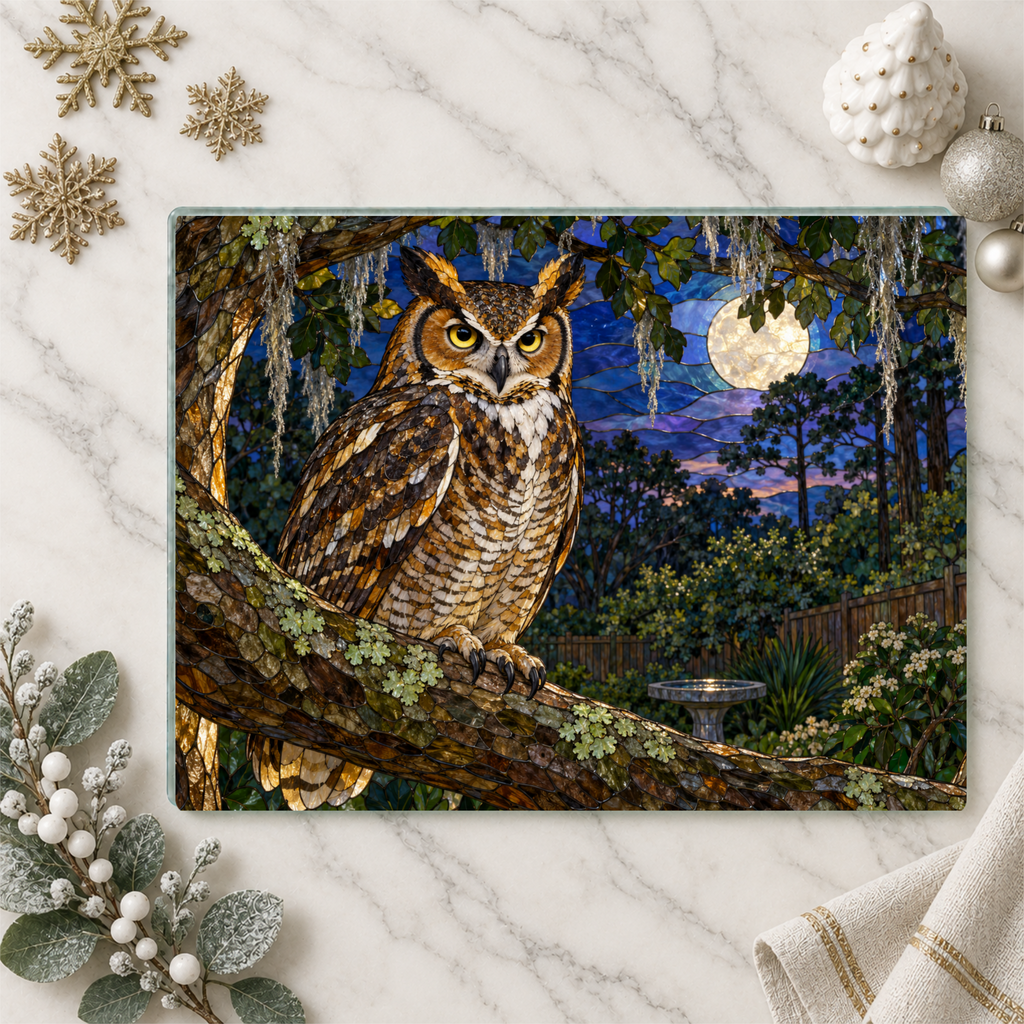 Great Horned Owl Glass Cutting Board, Owl Kitchen Decor, Backyard Bird Lover Gift, Birdwatcher Gift, Woodland Serving Board