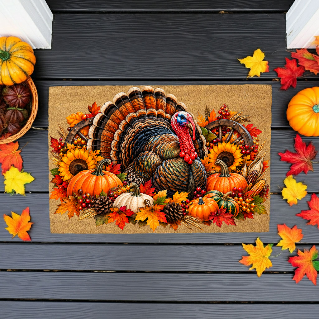 Thanksgiving Turkey Doormat, Fall Turkey Welcome Mat, Harvest Pumpkin Coir Doormat, Farmhouse Autumn Porch Decor, Thanksgiving Door Mat