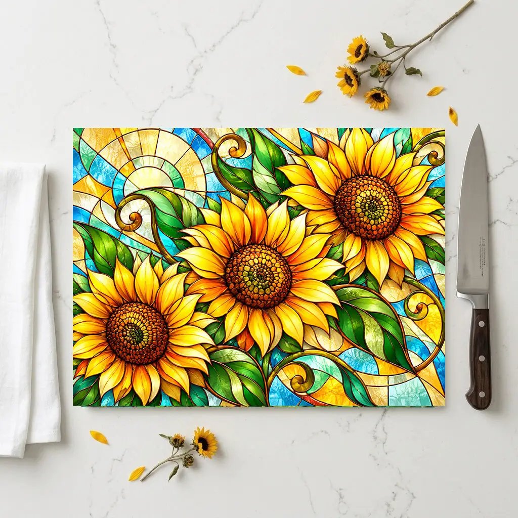Sunflower Glass Cutting Board, Farmhouse Kitchen Decor, Country Sunflower Chopping Board, Stained Glass Floral Gift, Housewarming Gift