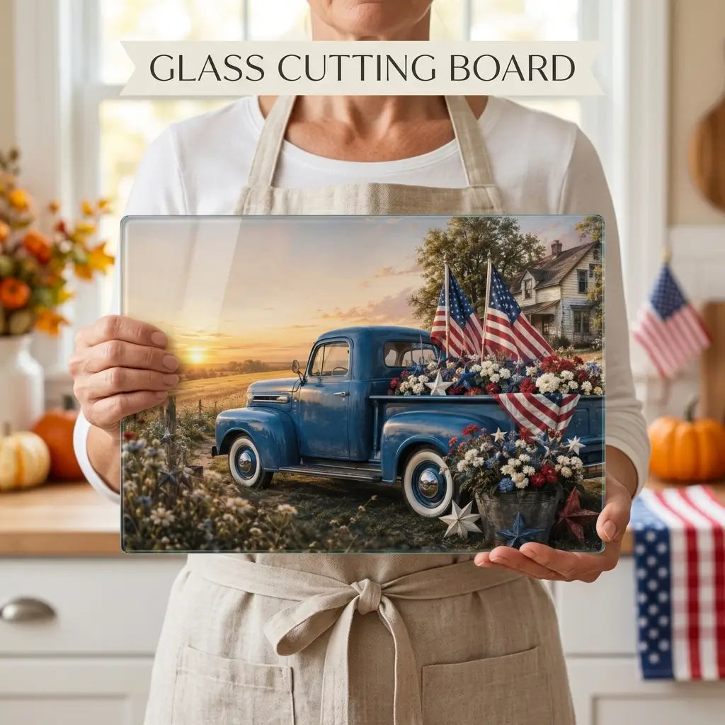 Vintage Blue Truck Patriotic Glass Cutting Board, Americana Kitchen Decor, Fourth of July Cutting Board, Farmhouse USA Decor