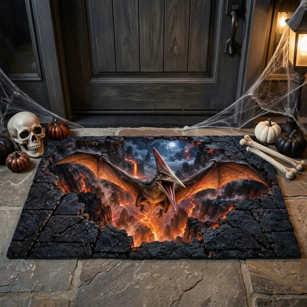 Pterodactyl 3D Optical Illusion Doormat, Volcanic Chasm Dinosaur Floor Mat, Prehistoric Flying Reptile Door Mat, Dino Gift