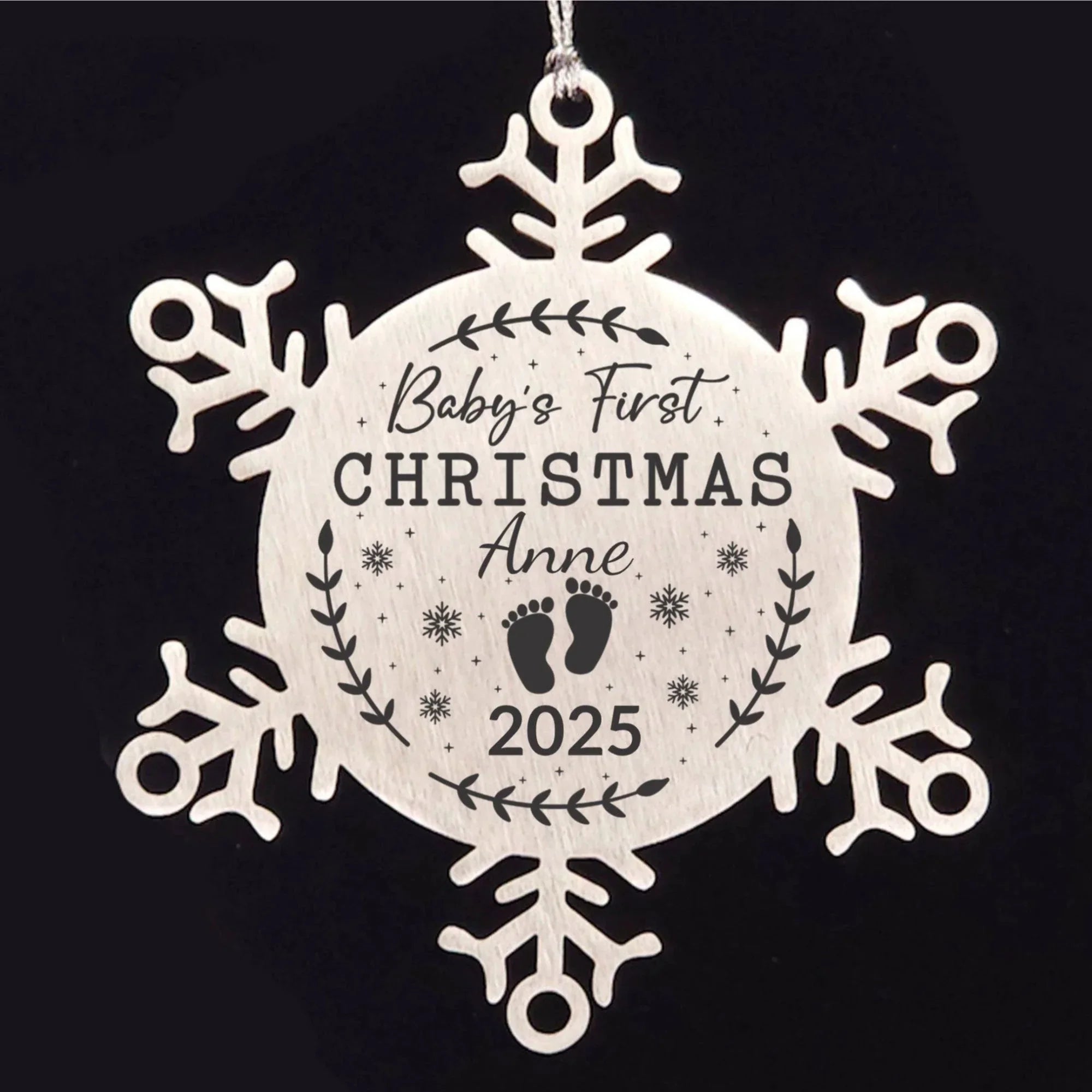 Baby's First Christmas Personalized Laser Engraved Stainless Steel Snowflake Christmas Tree Ornament