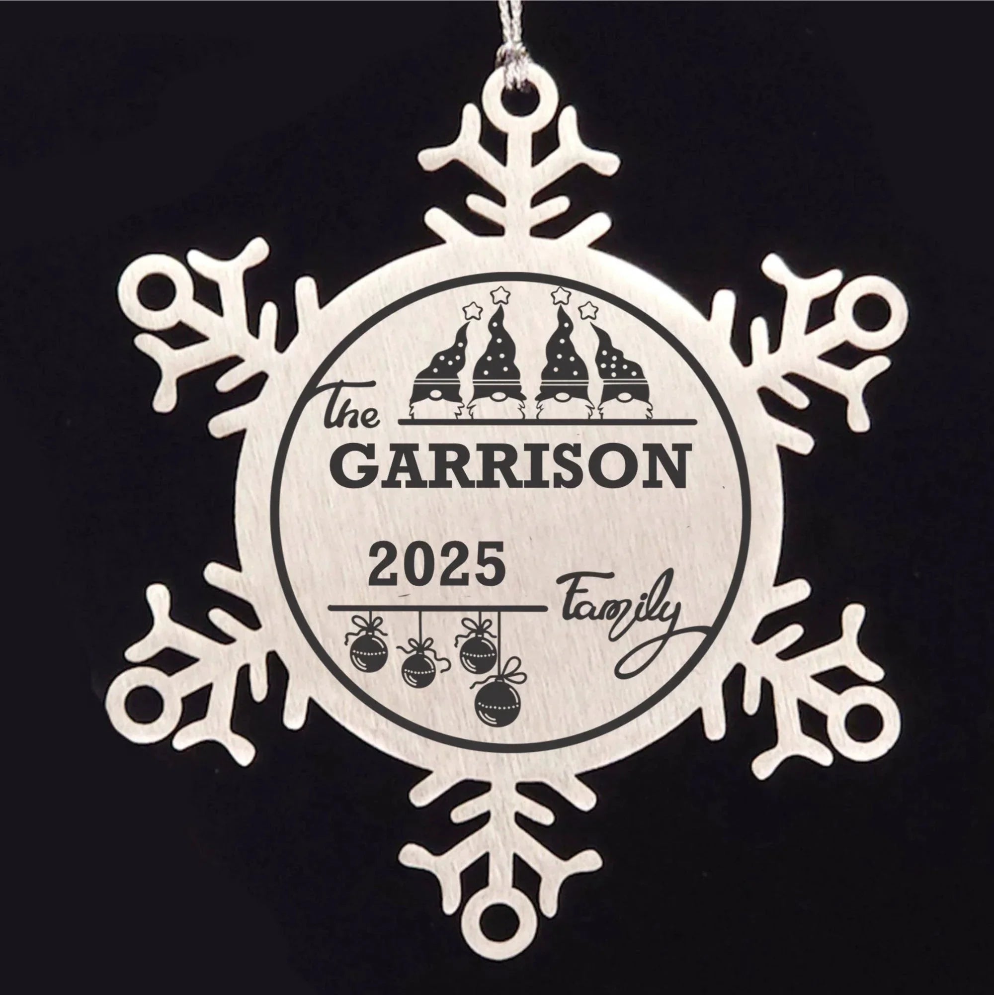 Personalized 4 Gnome Family Snowflake Ornament – Custom Stainless Steel Christmas Keepsake with Gift Bag – Engraved Names & Dates Holiday Decor for Family or Friends