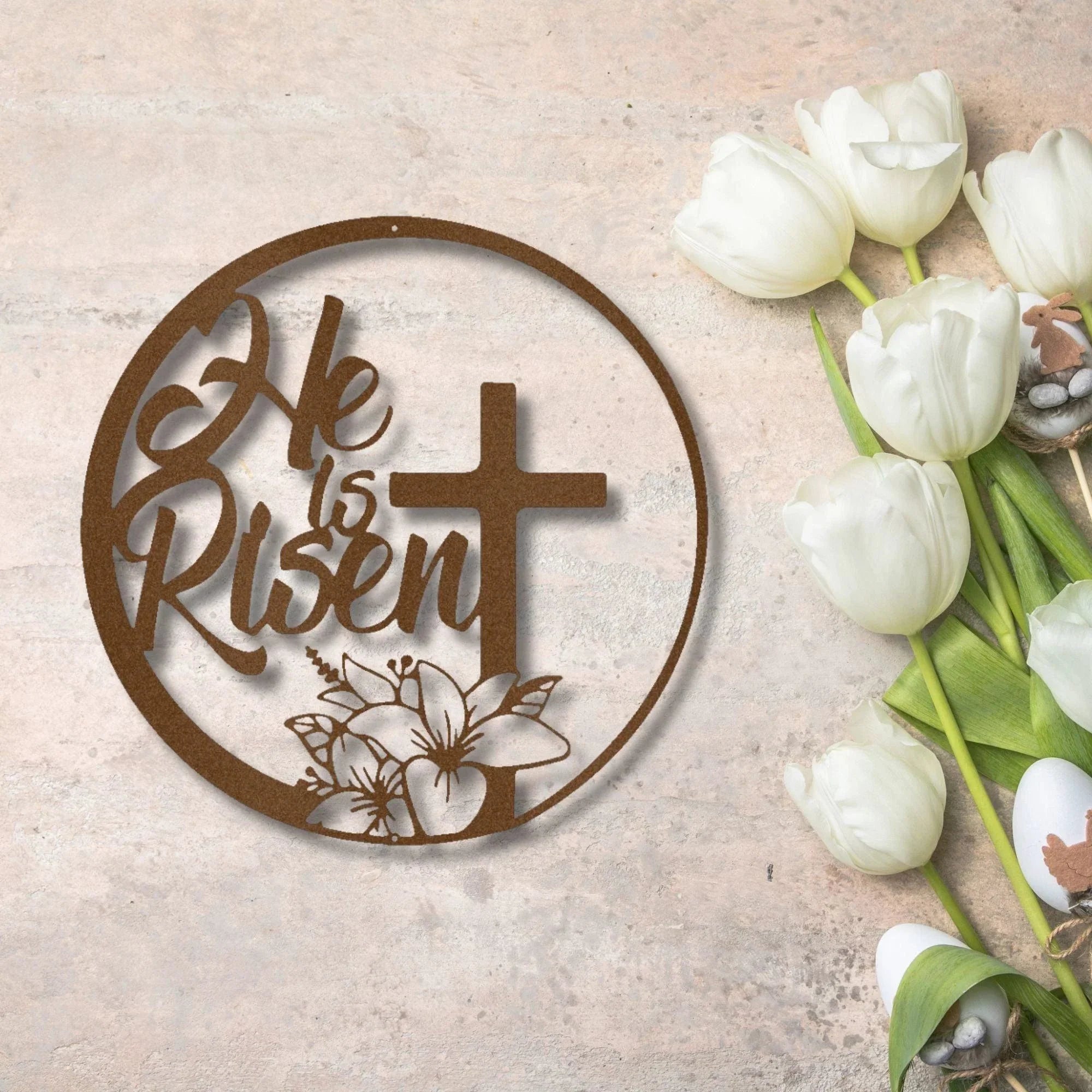 Easter Cross Metal Wall Sign – Christian Home Decor – He Is Risen