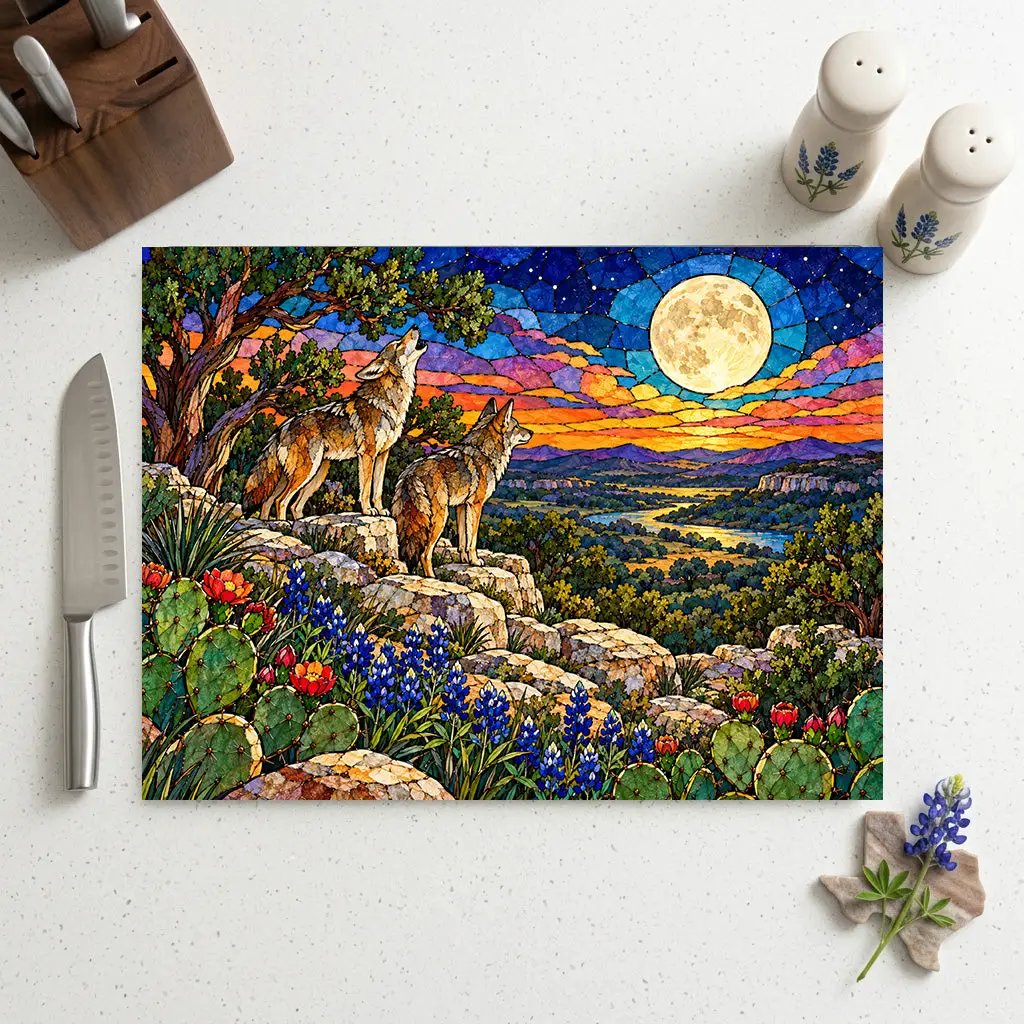 Texas Coyote Glass Cutting Board, Call of the Wild Moonlight Decor, Bluebonnet Kitchen Art, Western Wildlife Gift, Texas Kitchen Decor