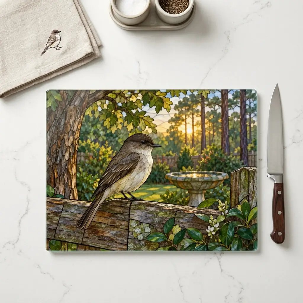 Eastern Phoebe Glass Cutting Board, Backyard Bird Kitchen Decor, Birdwatcher Gift, Bird Lover Gift, Nature Inspired Serving Board