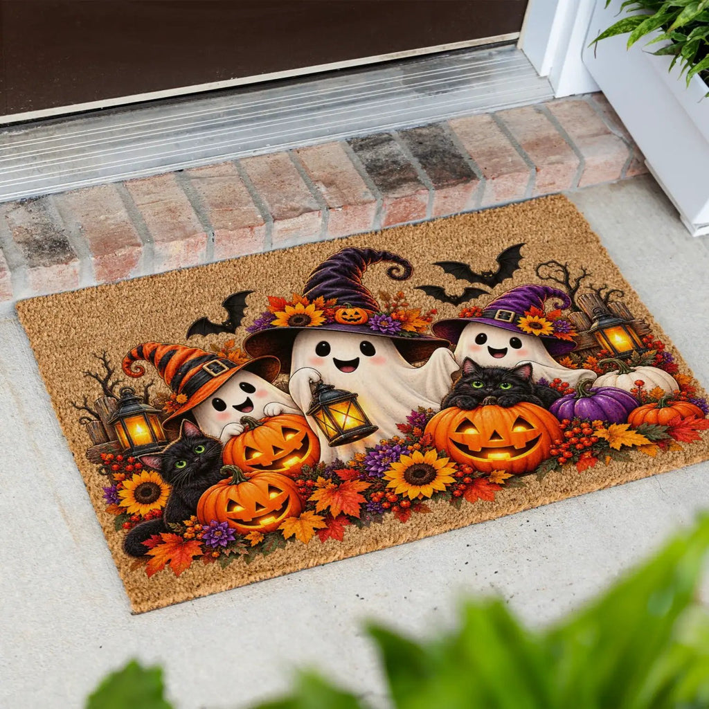 Halloween Ghost Doormat, Black Cat & Pumpkin Coir Mat, Cute Spooky Welcome Mat, Witch Ghost Fall Porch Decor, Halloween Door Mat