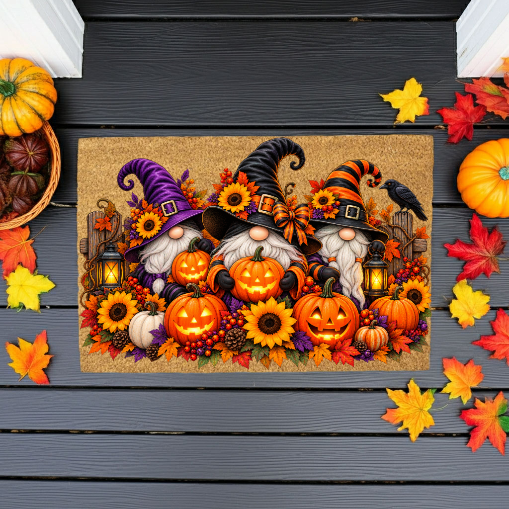 Halloween Gnome Doormat, Witch Gnomes & Pumpkins Coir Mat, Cute Spooky Fall Welcome Mat, Halloween Porch Decor, Autumn Door Mat