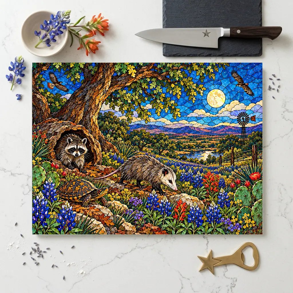 Raccoon and Possum Glass Cutting Board, Texas Wildlife Kitchen Decor, Opossum Raccoon Gift, Bluebonnet Country Cutting Board