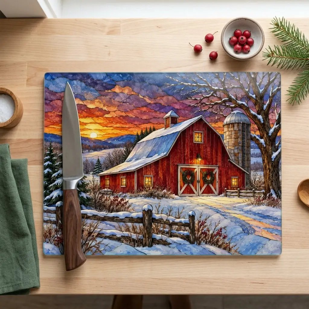 Winter Red Barn Glass Cutting Board, Country Christmas Kitchen Decor, Farmhouse Cutting Board, Rustic Winter Barn Gift