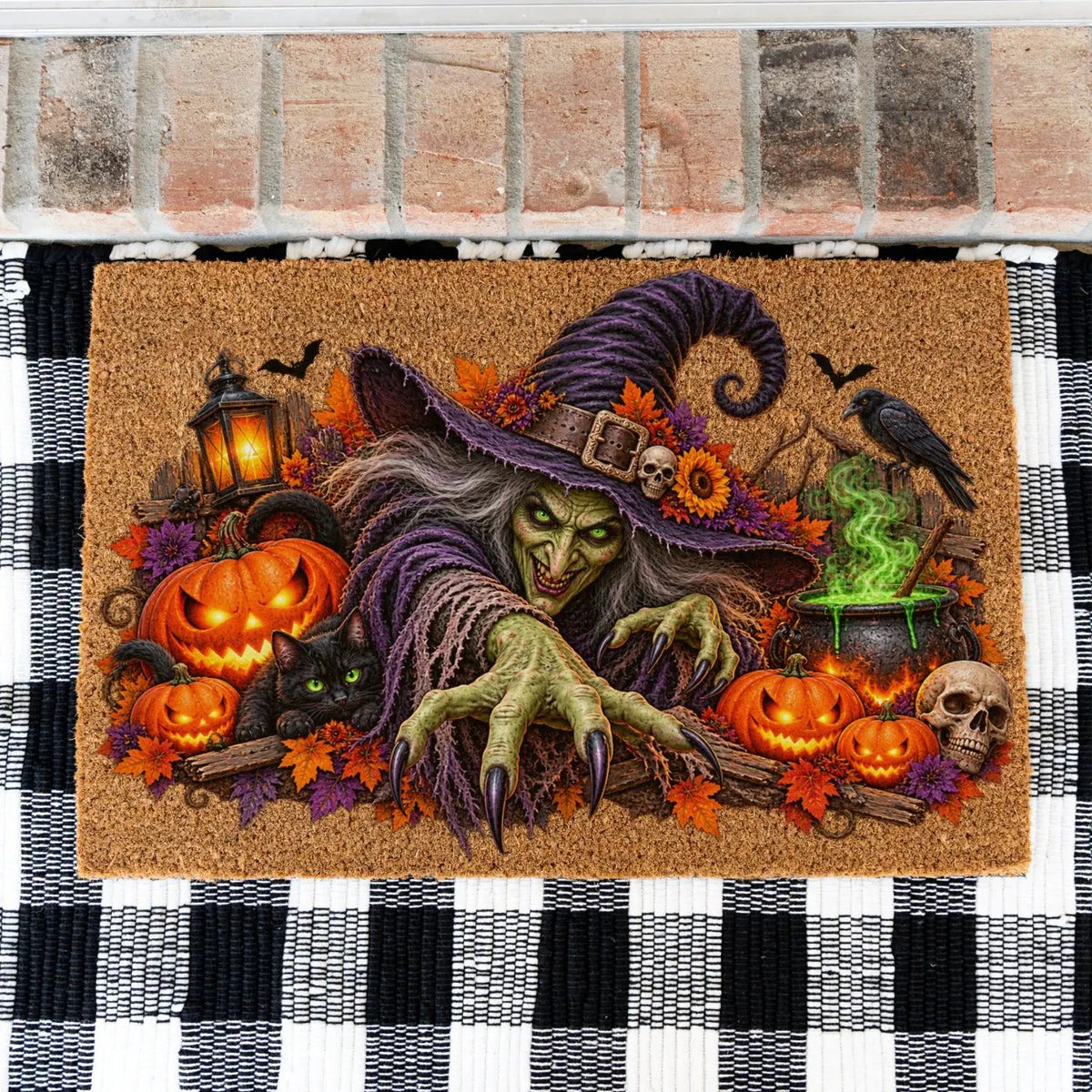 Horror Witch Doormat, Scary Halloween Coir Mat, Creepy Witch & Black Cat Welcome Mat, Pumpkin Porch Decor, Haunted House Door Mat