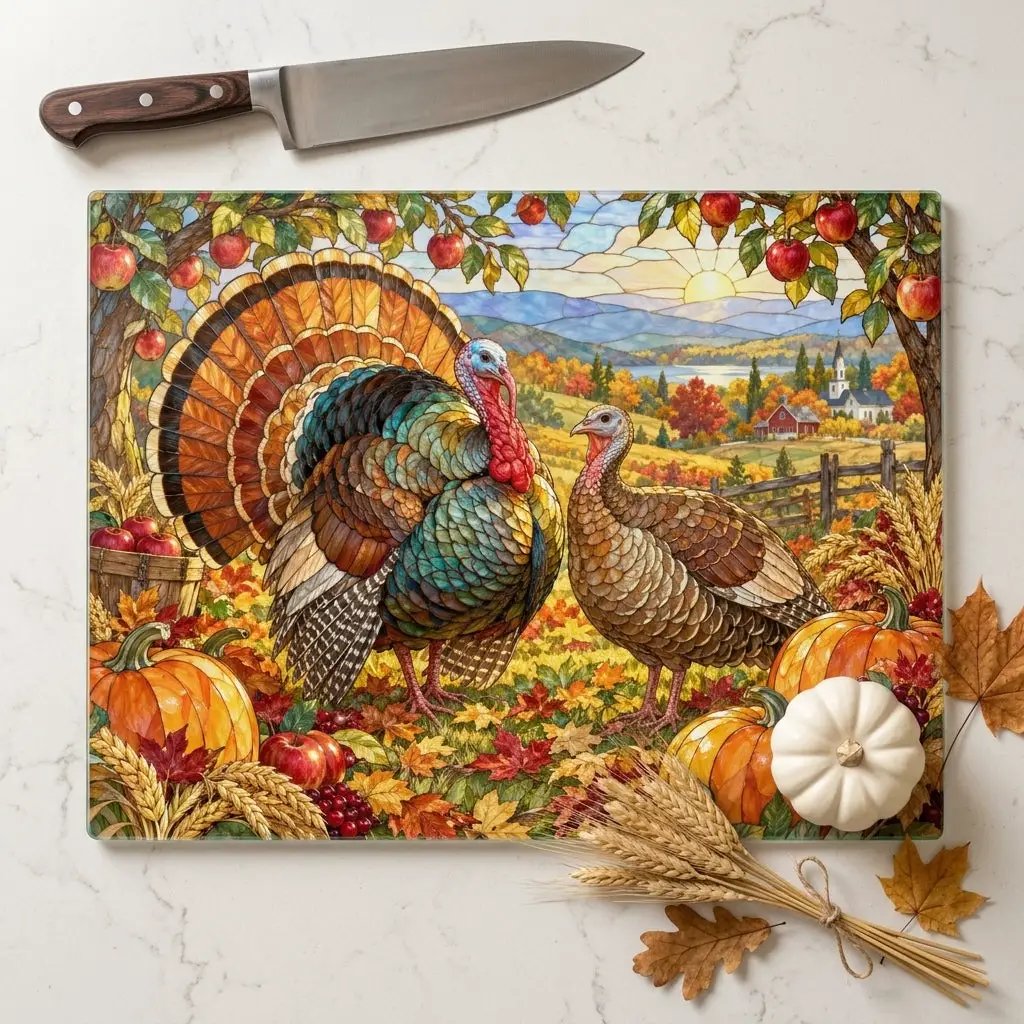 Thanksgiving Turkey Glass Cutting Board, Stained Glass Turkey Kitchen Decor, Fall Harvest Chopping Board, Thanksgiving Gift