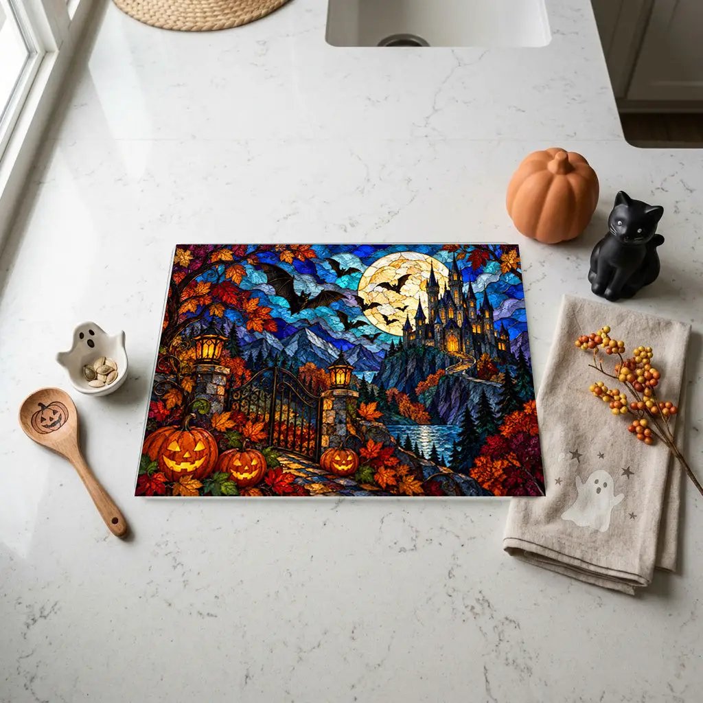 Halloween Castle Personalized Glass Cutting Board, Gothic Haunted House Kitchen Decor