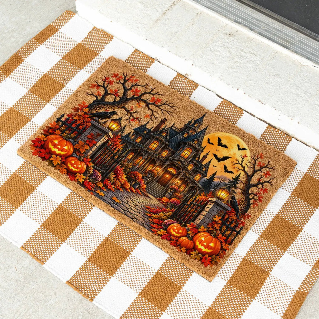 Spooky Mansion Doormat, Haunted House Halloween Welcome Mat, Raven & Pumpkin Coir Doormat, Gothic Fall Porch Decor, Halloween Door Mat
