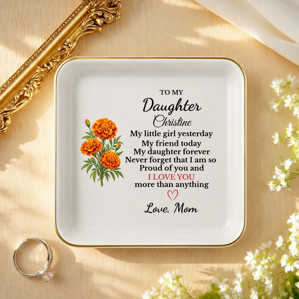 Personalized Daughter Birth Flower Jewelry Dish, Custom Name Trinket Tray, Sentimental Gift from Mom, Birthday Gift for Adult Daughter