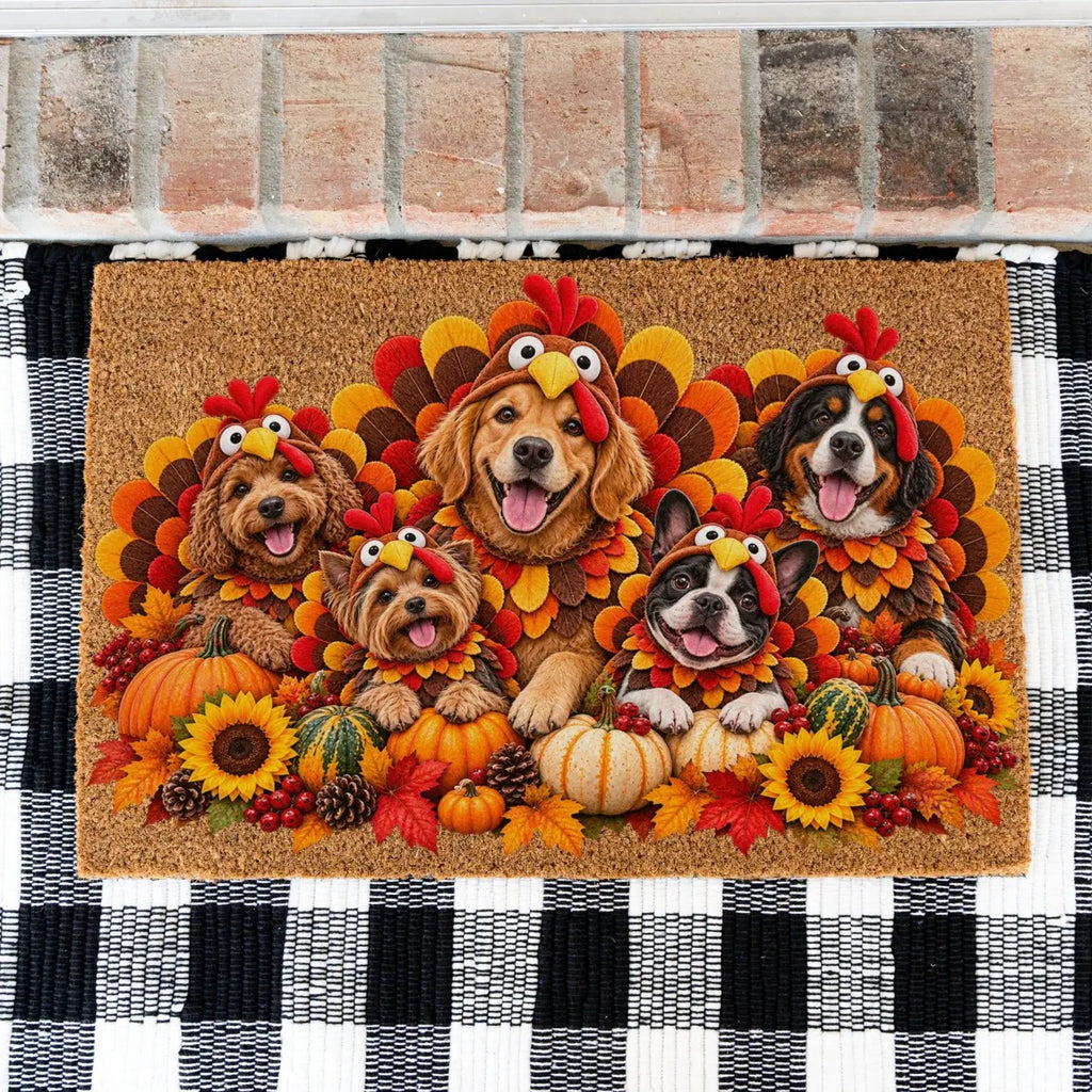 Thanksgiving Dog Doormat, Dogs in Turkey Costumes Coir Mat, Funny Fall Welcome Mat, Dog Lover Gift, Thanksgiving Porch Decor