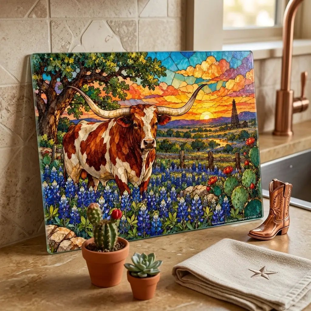 Texas Longhorn Glass Cutting Board, Bluebonnet Kitchen Decor, Texas Cow Gift, Western Kitchen Decor, Texas Housewarming Gift