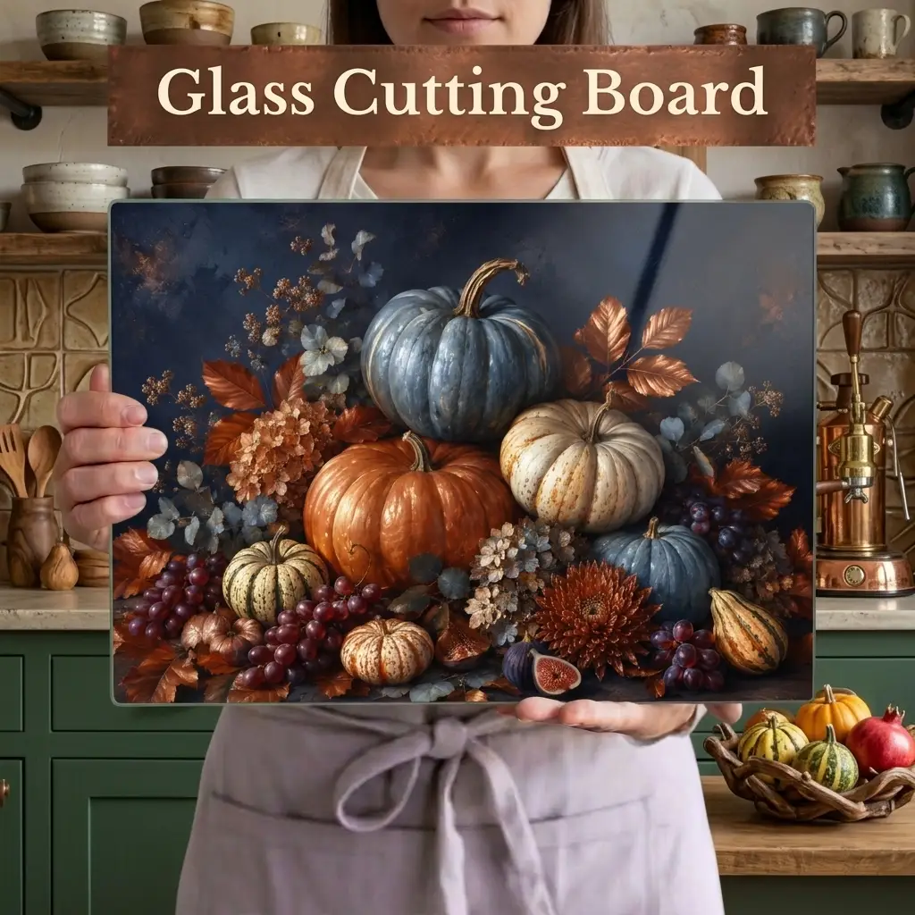 Blue Pumpkin Glass Cutting Board, Elegant Fall Kitchen Decor, Autumn Harvest Cutting Board, Thanksgiving Kitchen Gift
