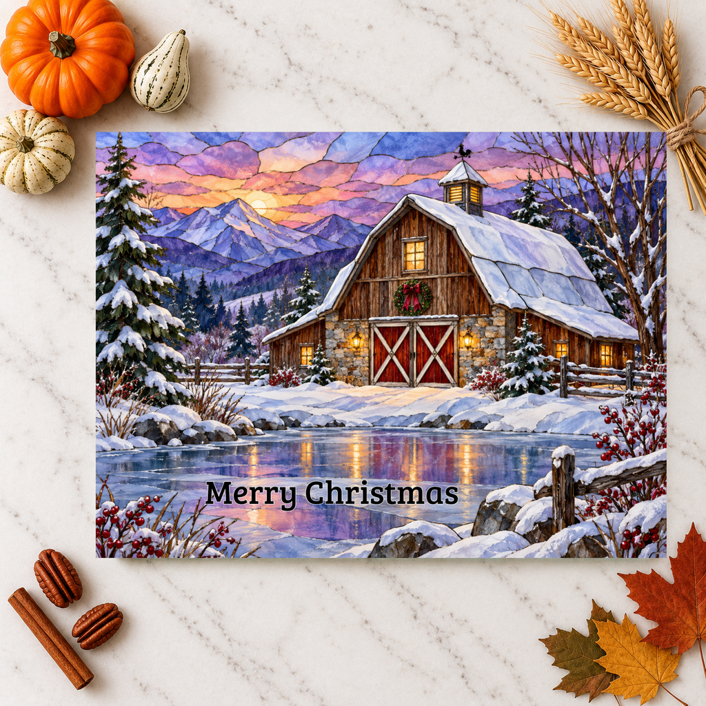Evergreen Winter Barn Glass Cutting Board, Country Farmhouse Kitchen Decor, Snowy Mountain Barn Christmas Gift